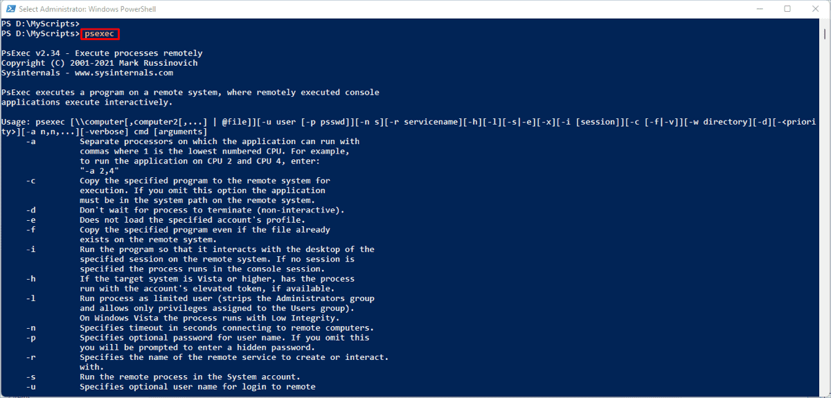 PsExec help output showing available command-line flags and usage syntax
